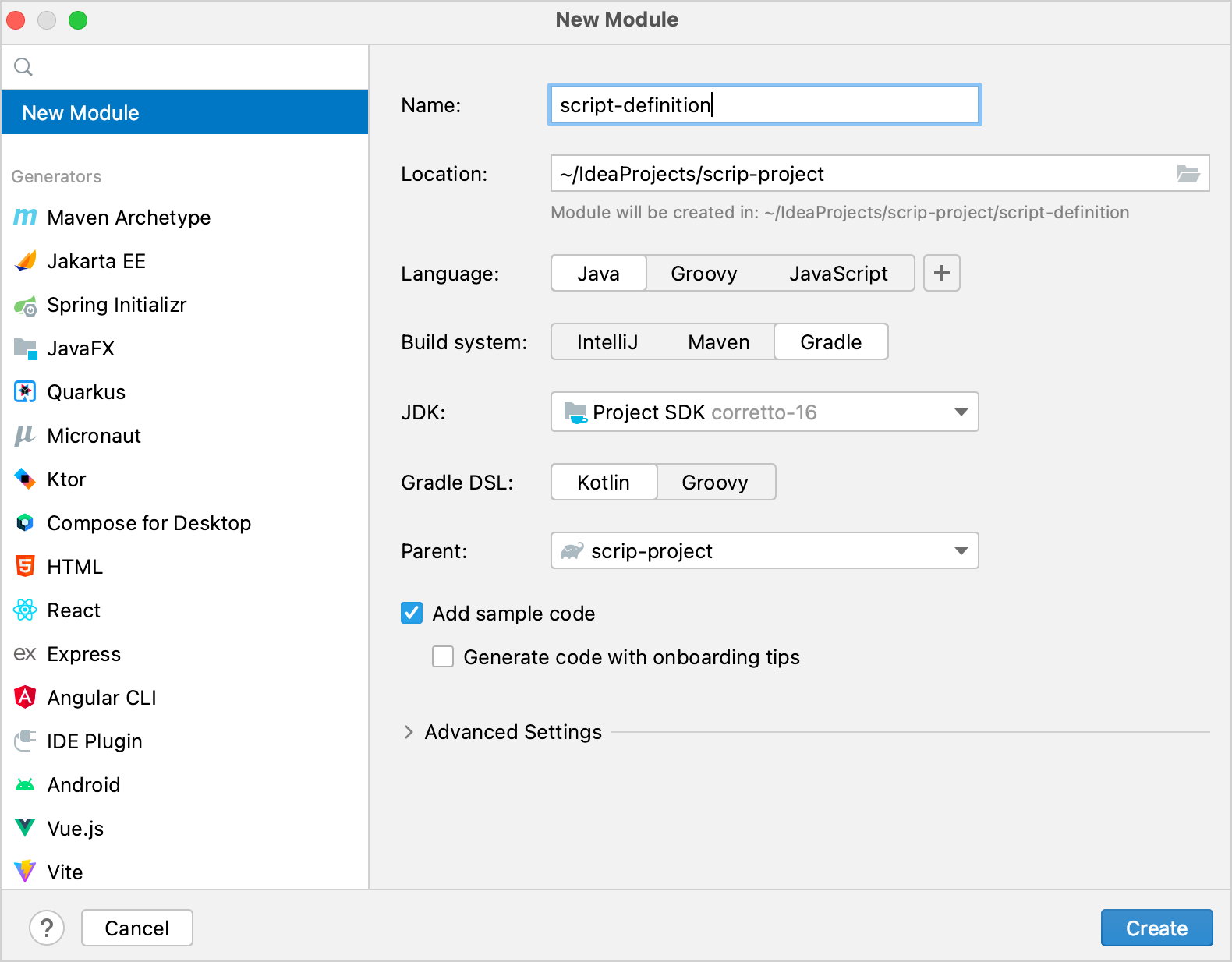 Create script definition module